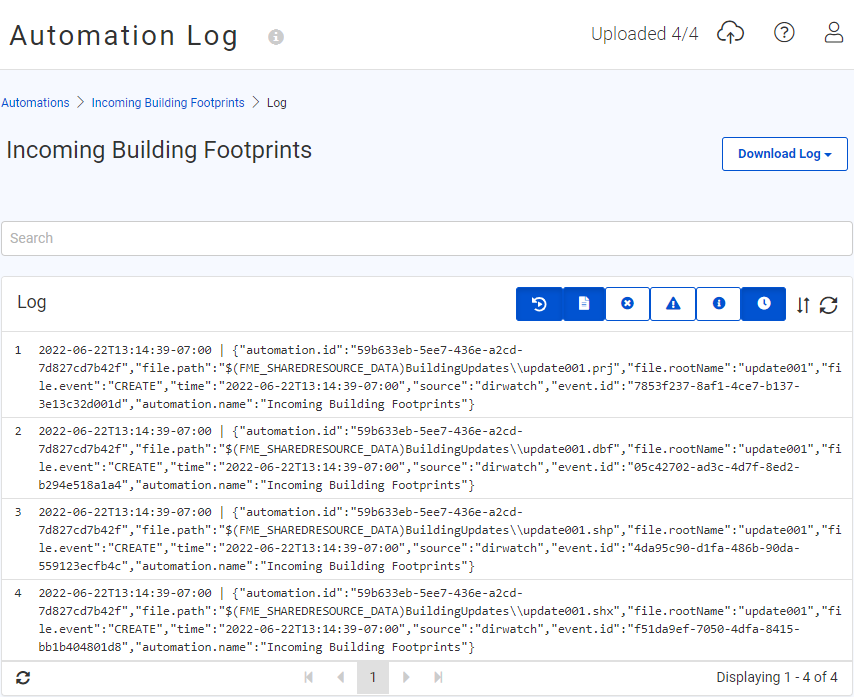 Viewing Automation Log to confirm the Automation was triggered
